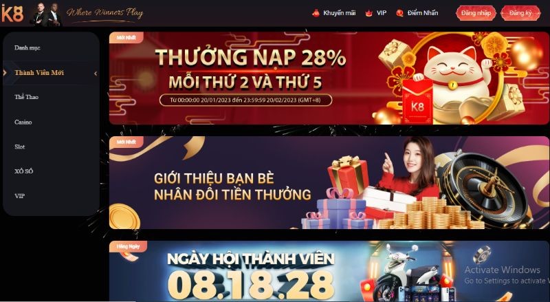 Khuyến mãi K8 giới thiệu thành viên mới nhận thường khủng